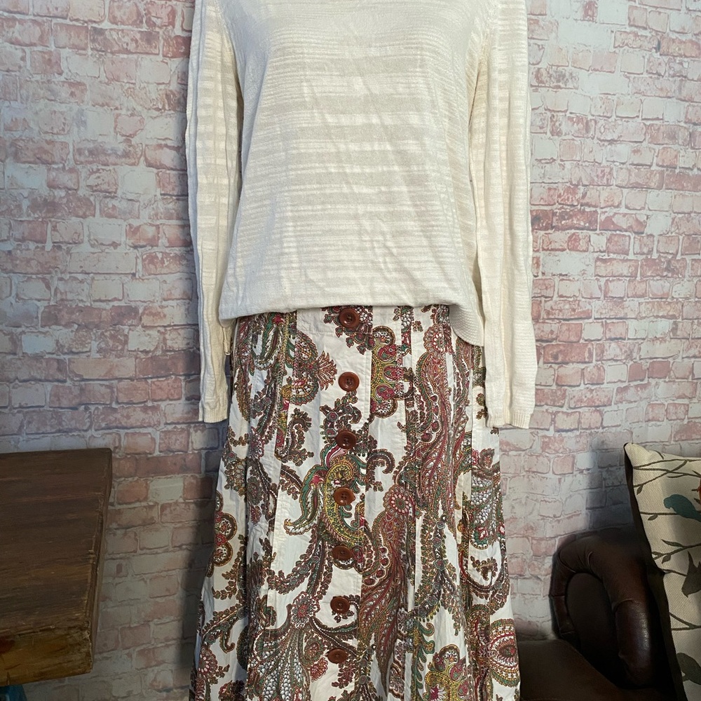 CAbi 2-Piece Set - Paisley Skirt & Ivory Lace-Back Top